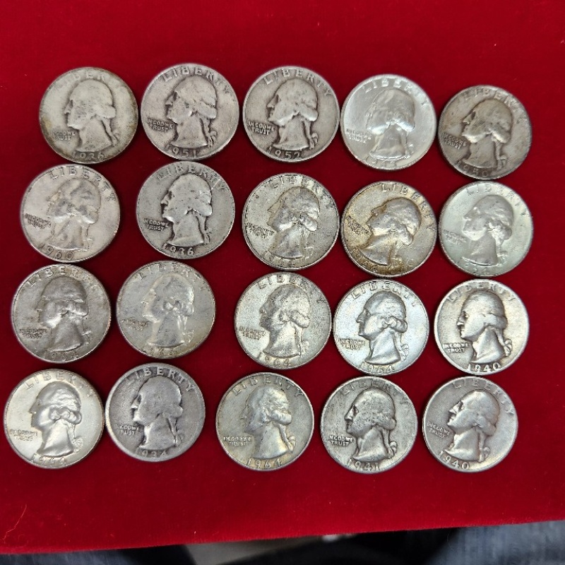 20 silver washington quarters  mixed 1934 through 1964       # 6-27