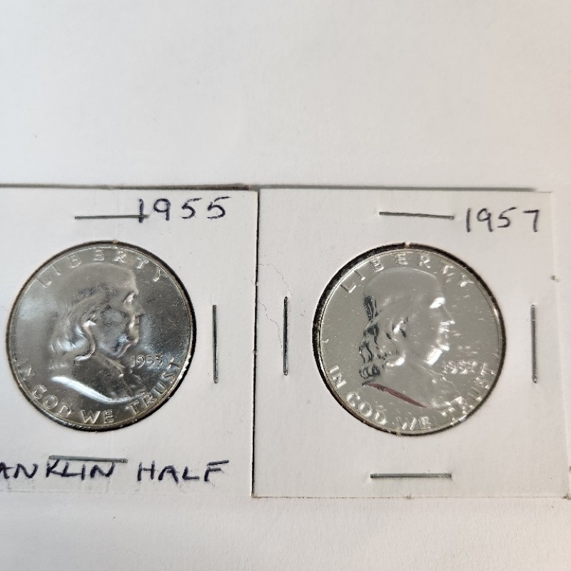 1-NM 1955 and 1- Uncirculated 1957 Benjamin Franklin Silver  Half   *90-6