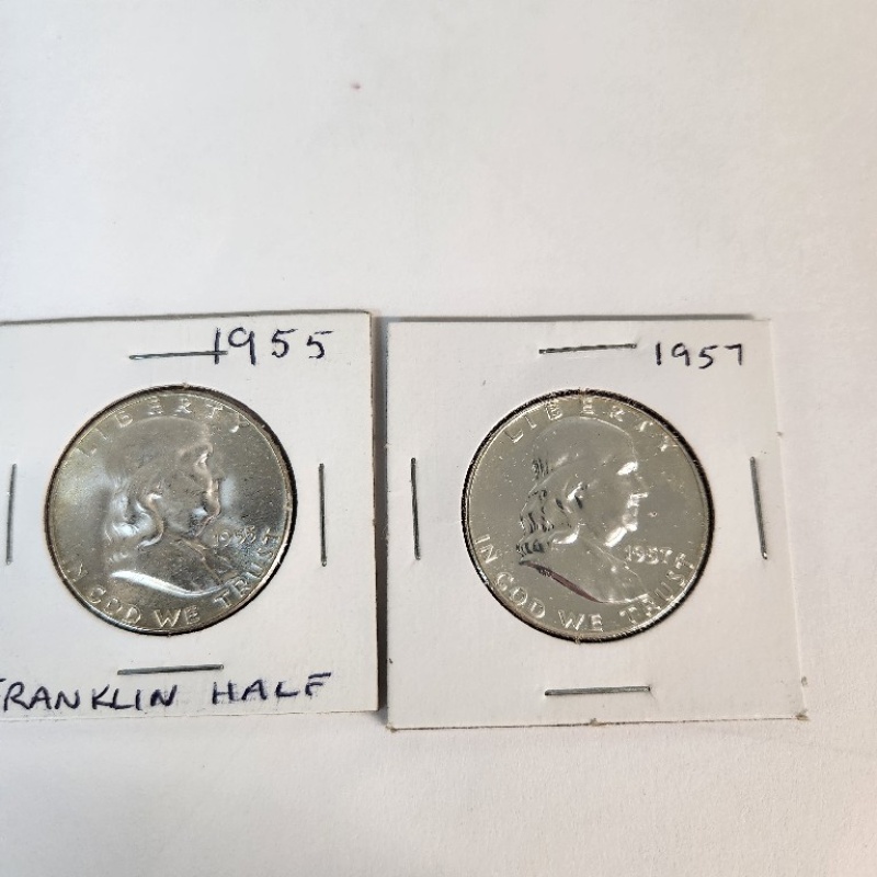 1-NM 1955 and 1- Uncirculated 1957 Benjamin Franklin Silver  Half   *91-6