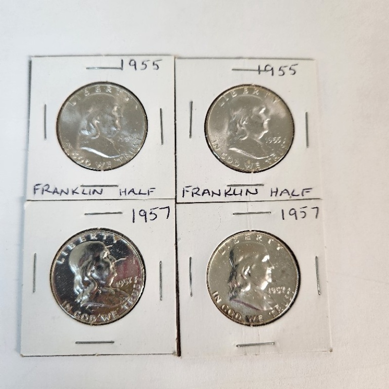 2-NM 1955 and 2- Uncirculated 1957 Benjamin Franklin Silver  Half   *93-6