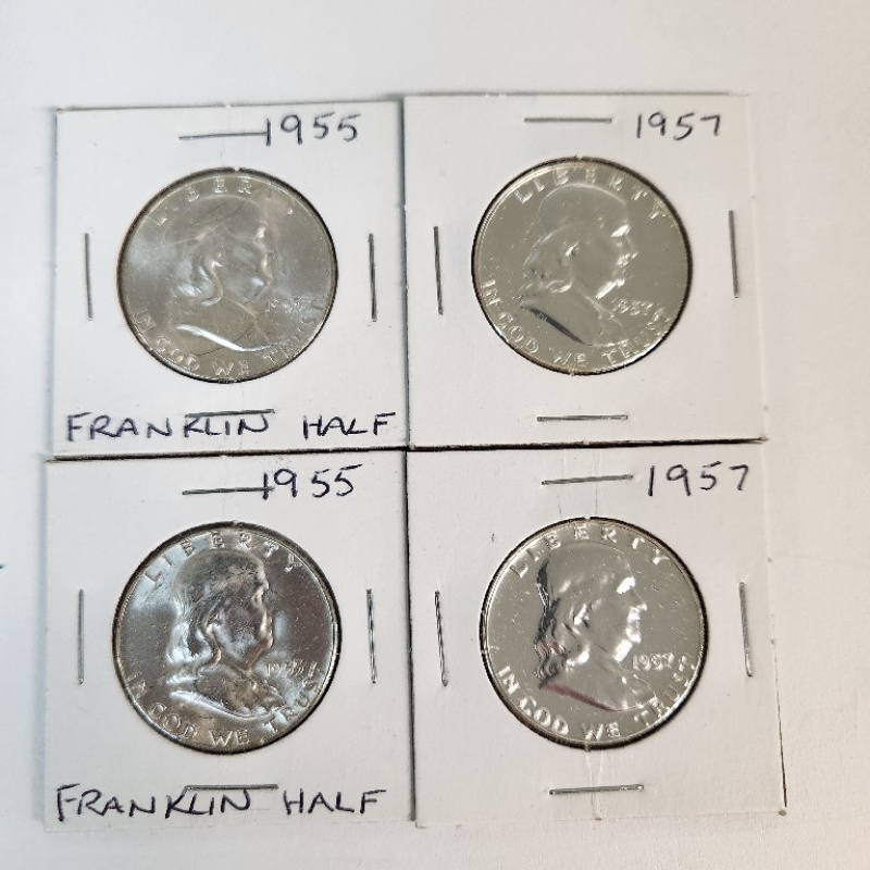 2-NM 1955 and 2- Uncirculated 1957 Benjamin Franklin Silver  Half   *94-6