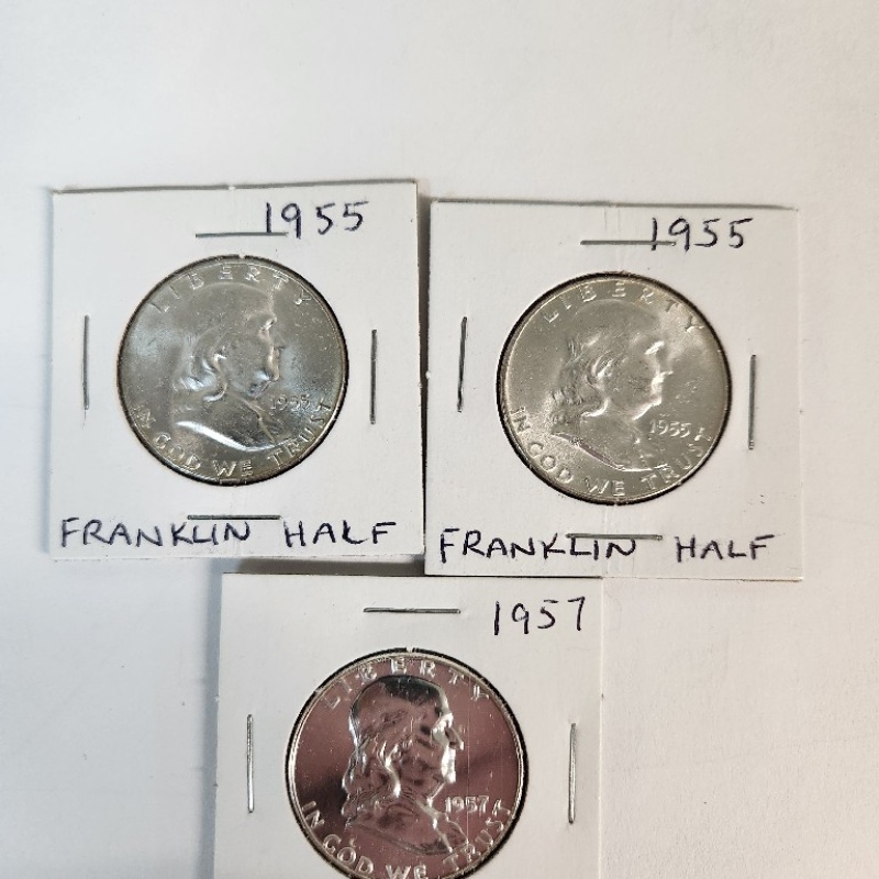 2-NM 1955 and 1- Uncirculated 1957 Benjamin Franklin Silver  Half   *95-6