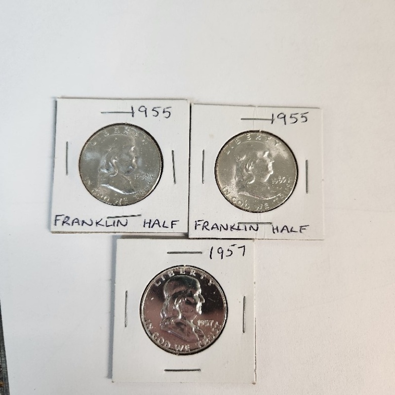 2-NM 1955 and 1- Uncirculated 1957 Benjamin Franklin Silver  Half   *96-6